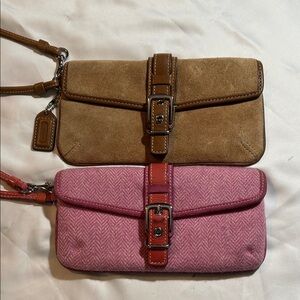 Coach Suede Tan and Pink Tweed Herringbone Wool Wristlets with Leather trim